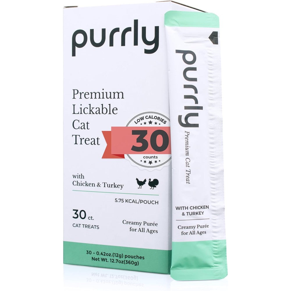 Purrly Interactive Lickable Cat Treats Human Grade Chicken Breast And Turkey Premium Creamy Puree For Immunity And Hydration Thirty Count