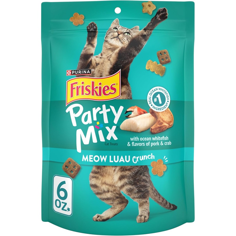 Friskies Purina Meow Luau Crunch cat treats front view packaging