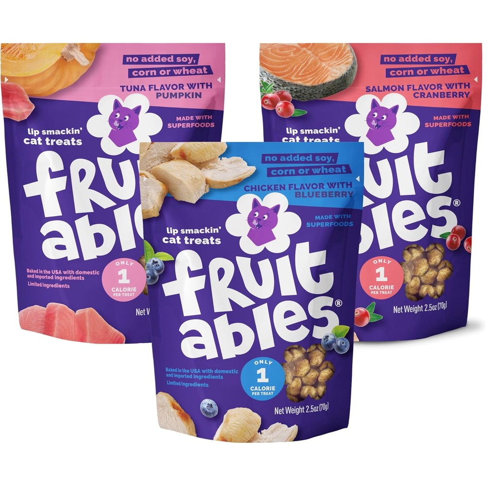 Fruitables Crunchy Cat Treats Variety Pack Chicken Blueberry Salmon Cranberry Tuna Pumpkin Healthy Low Calorie Protein Rich Snacks 2.5 Ounce 3 Pack