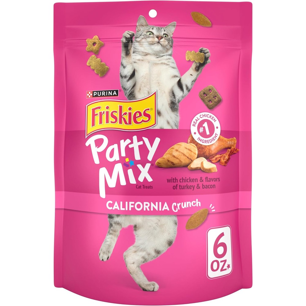 Purina Friskies Party Mix California Crunch With Chicken Turkey And Bacon Flavors Crunchy Cat Treats Six Ounce Pouches Pack Of Six