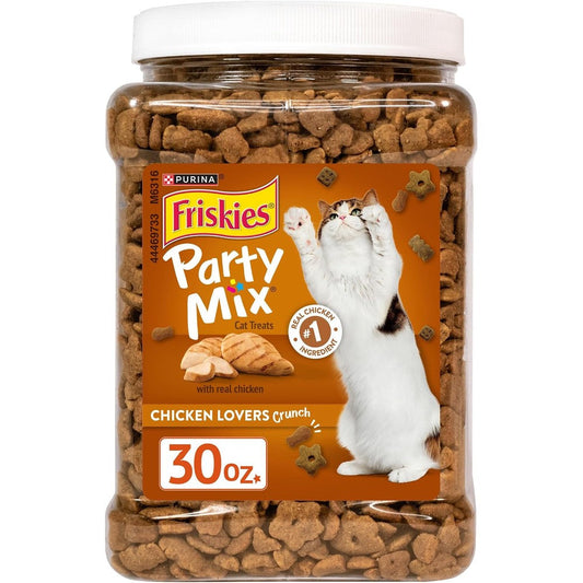 Purina Friskies Party Mix Chicken Lovers Crunch Crunchy Cat Treats Made With Real Chicken Flavor Packed Snacks For Adult Cats Thirty Ounce Canister