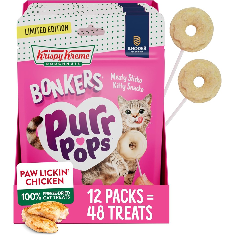 Bonkers Purrpops Krispy Kreme Limited Edition Freeze Dried Chicken Flavored Lollipop Cat Treats Four Pieces Per Pack Pack Of Twelve