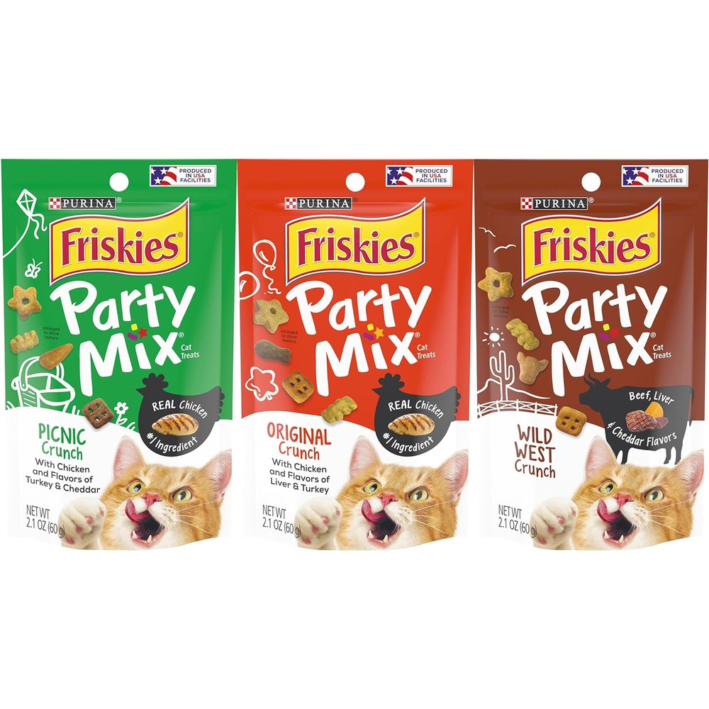 Friskies cat treat party mix love pack front view with three pouches