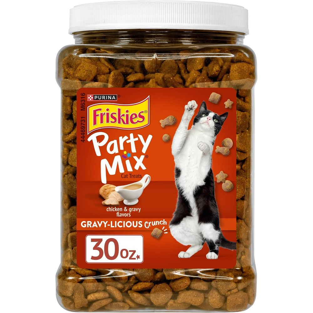 Purina Friskies Party Mix Gravy Licious Crunch Chicken And Gravy Flavors Adult Crunchy Cat Treats Crunchy Snacks In A Thirty Ounce Canister