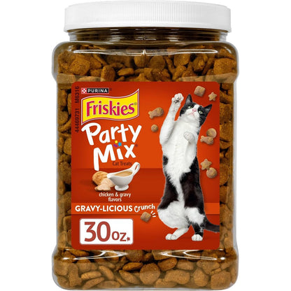 Purina Friskies Party Mix Gravy Licious Crunch Chicken And Gravy Flavors Adult Crunchy Cat Treats Crunchy Snacks In A Thirty Ounce Canister