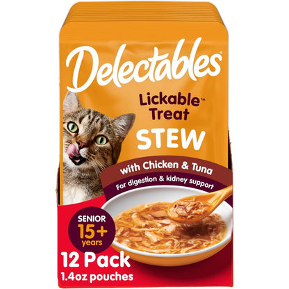 Delectables Lickable Treat Stew Senior 15 Plus Wet Cat Treat With Real Chicken And Tuna Food Topper 1.4 Ounce Pouch 12 Count
