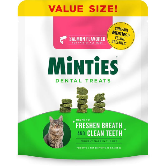 Minties Dental Treats for Cats Savory Salmon Flavor Crunchy Teeth Cleaning Snacks Controls Tartar and Plaque 10 Ounce