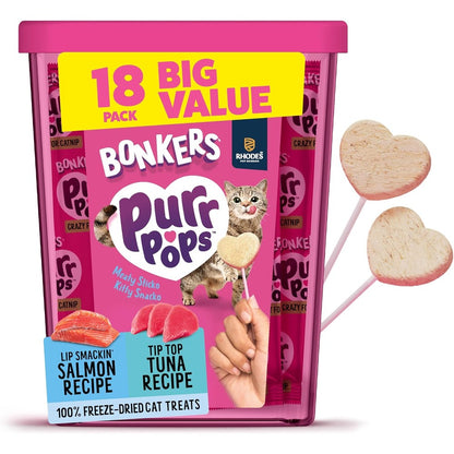 Bonkers Purrpops Freeze Dried Tuna And Salmon Flavor Lollipop Cat Treats High Protein Healthy Real Meat Training Rewards Value Pack Eighteen Pieces