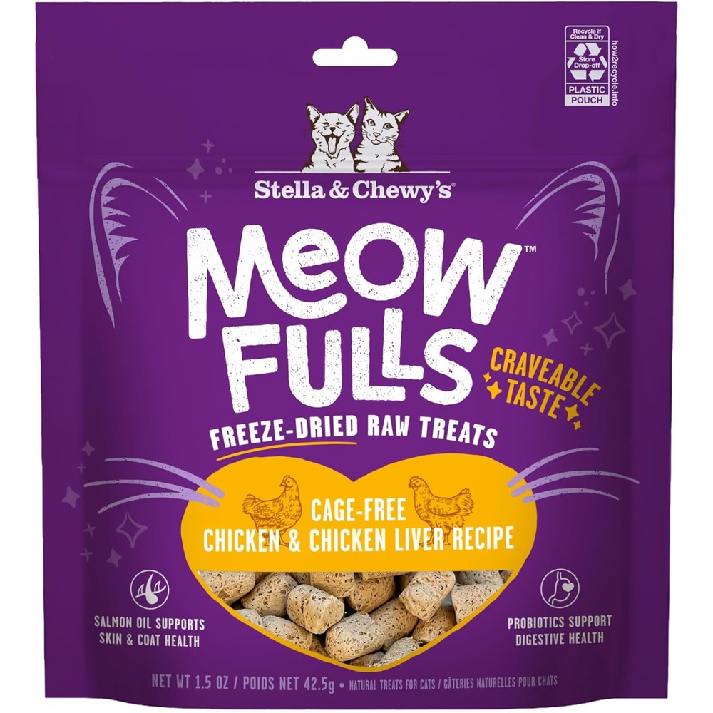 Stella & Chewy's Meowfulls Freeze Dried Cat Treats Chicken And Chicken Liver Recipe Raw Protein With Probiotics And Salmon Oil 1.5 Ounce
