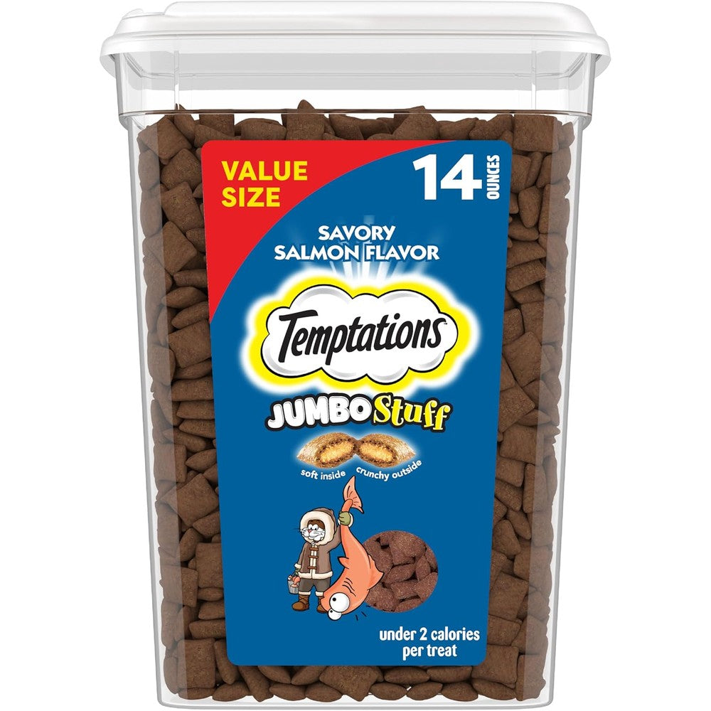 Temptations Jumbo Stuff Crunchy And Soft Cat Treats Savory Salmon Flavor Fourteen Ounce Tub For Adult Cats