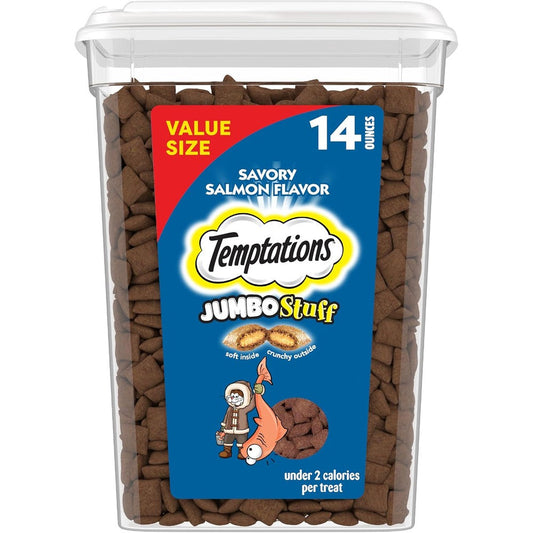 Temptations Jumbo Stuff Crunchy And Soft Cat Treats Savory Salmon Flavor Fourteen Ounce Tub For Adult Cats
