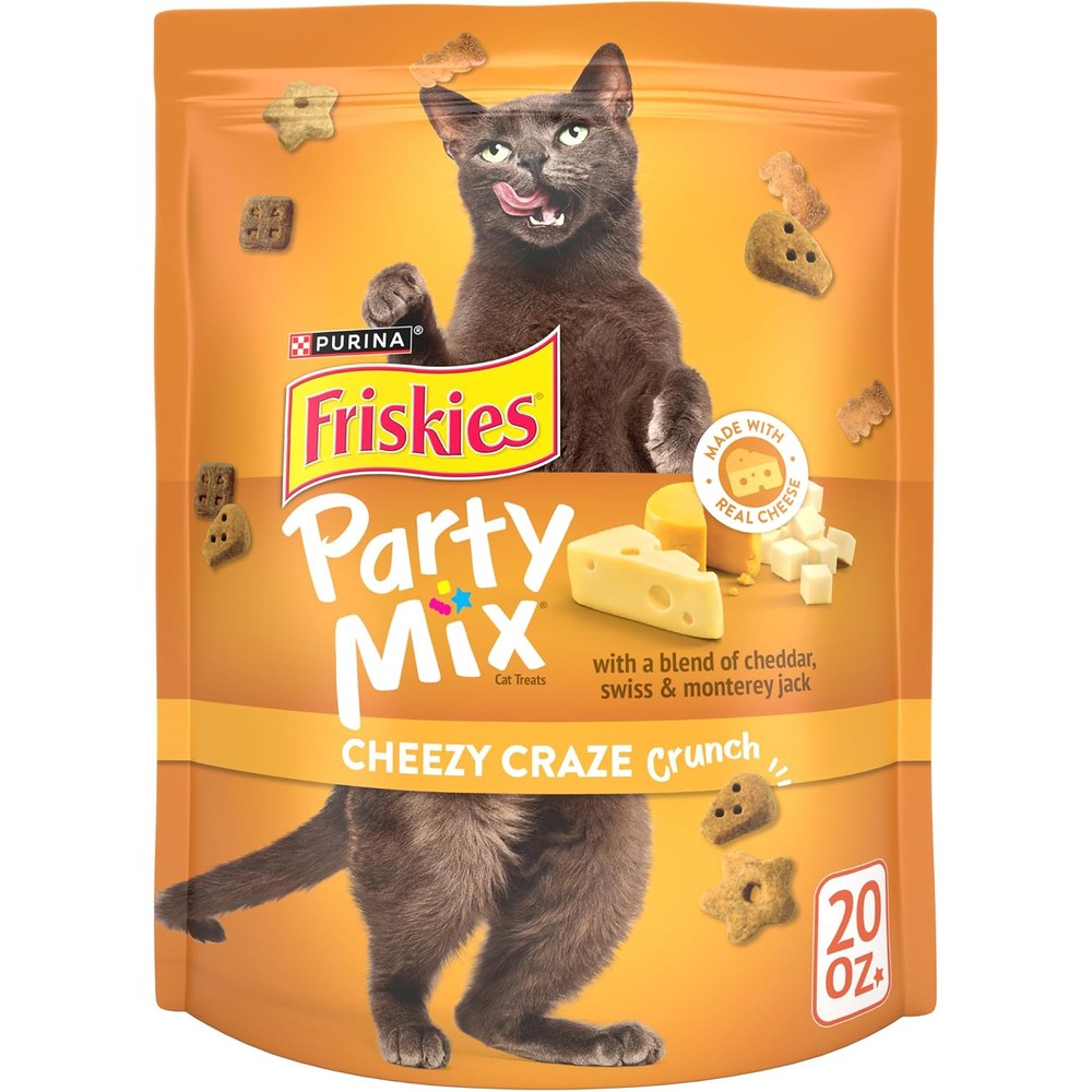 Purina Friskies Party Mix Cheezy Craze Crunch Crunchy Cheese Flavor Adult Cat Treats Twenty Ounce Pouch
