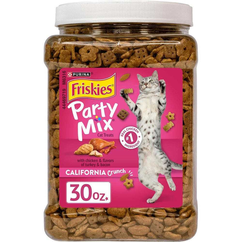 Purina Friskies Party Mix California Crunch Crunchy Adult Cat Treats With Chicken Turkey And Bacon Flavors Thirty Ounce Canister