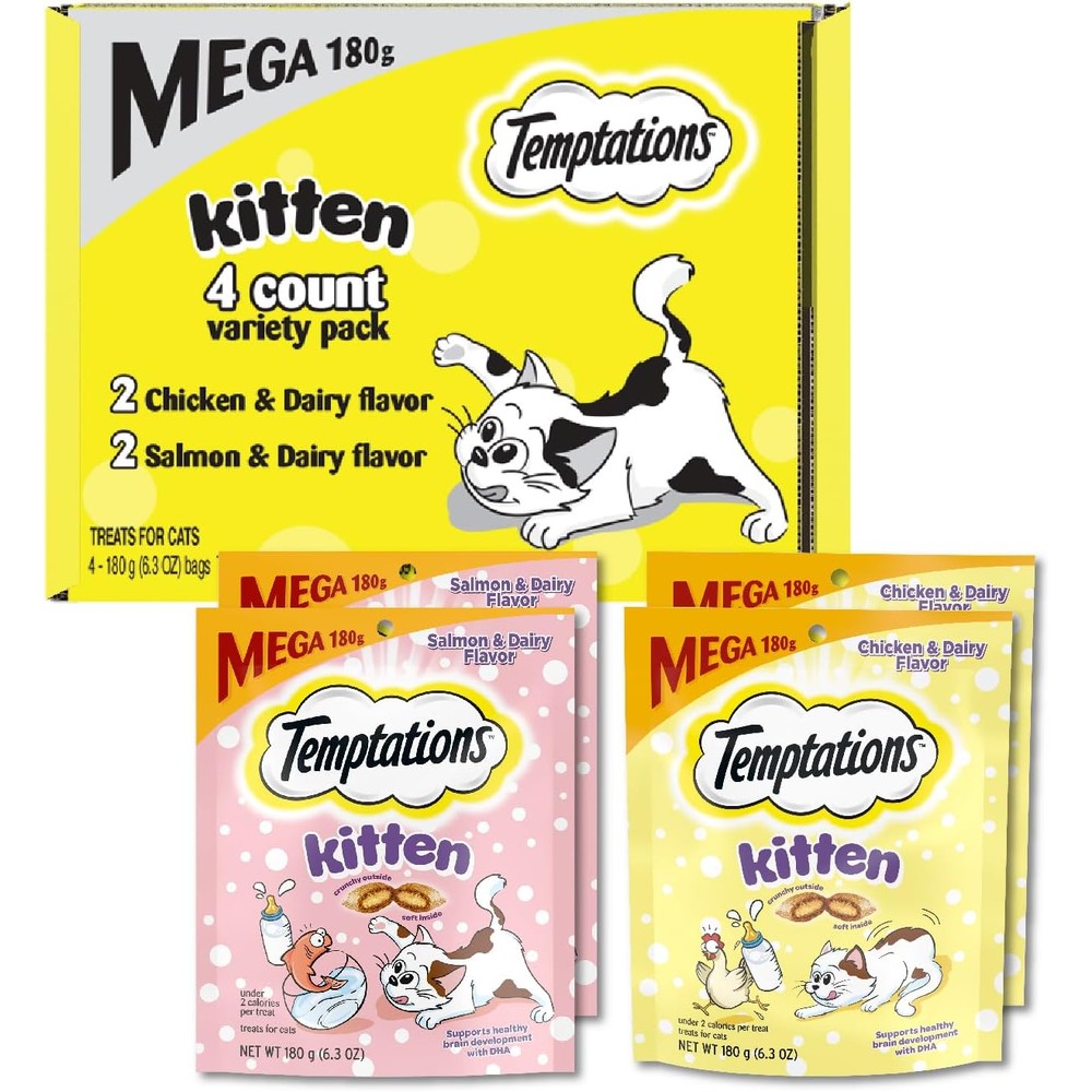 Temptations Kitten Treats Classic Crunchy And Soft Cat Treats Variety Pack Chicken Dairy Salmon Flavor Six Point Three Ounce Pouches Pack Of Four