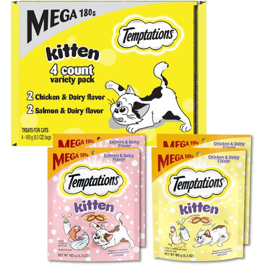 Temptations Kitten Treats Classic Crunchy And Soft Cat Treats Variety Pack Chicken Dairy Salmon Flavor Six Point Three Ounce Pouches Pack Of Four