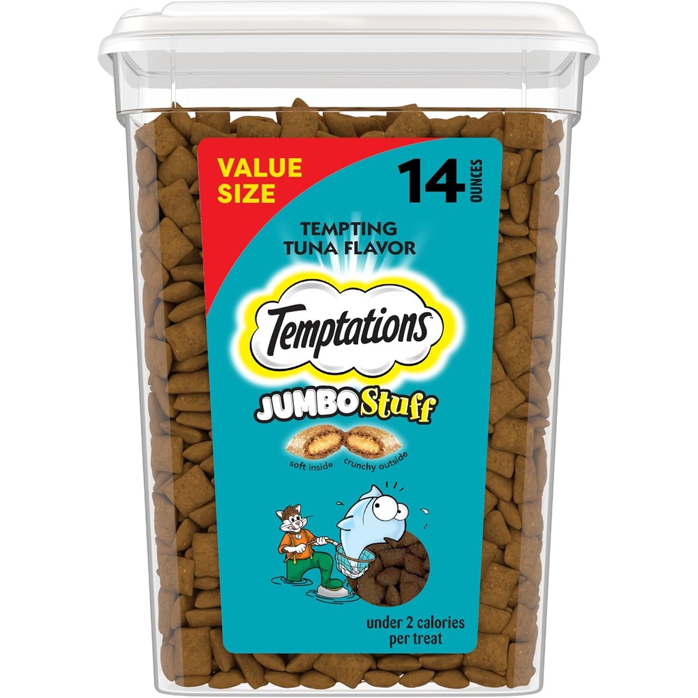 Temptations Jumbo Stuff Tuna Flavor Cat Treats front view tub