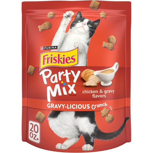 Purina Friskies Party Mix Gravy-licious Crunch Chicken And Gravy Flavors Adult Crunchy Cat Treats USA Imported Value Pack 20 Ounce Pouch