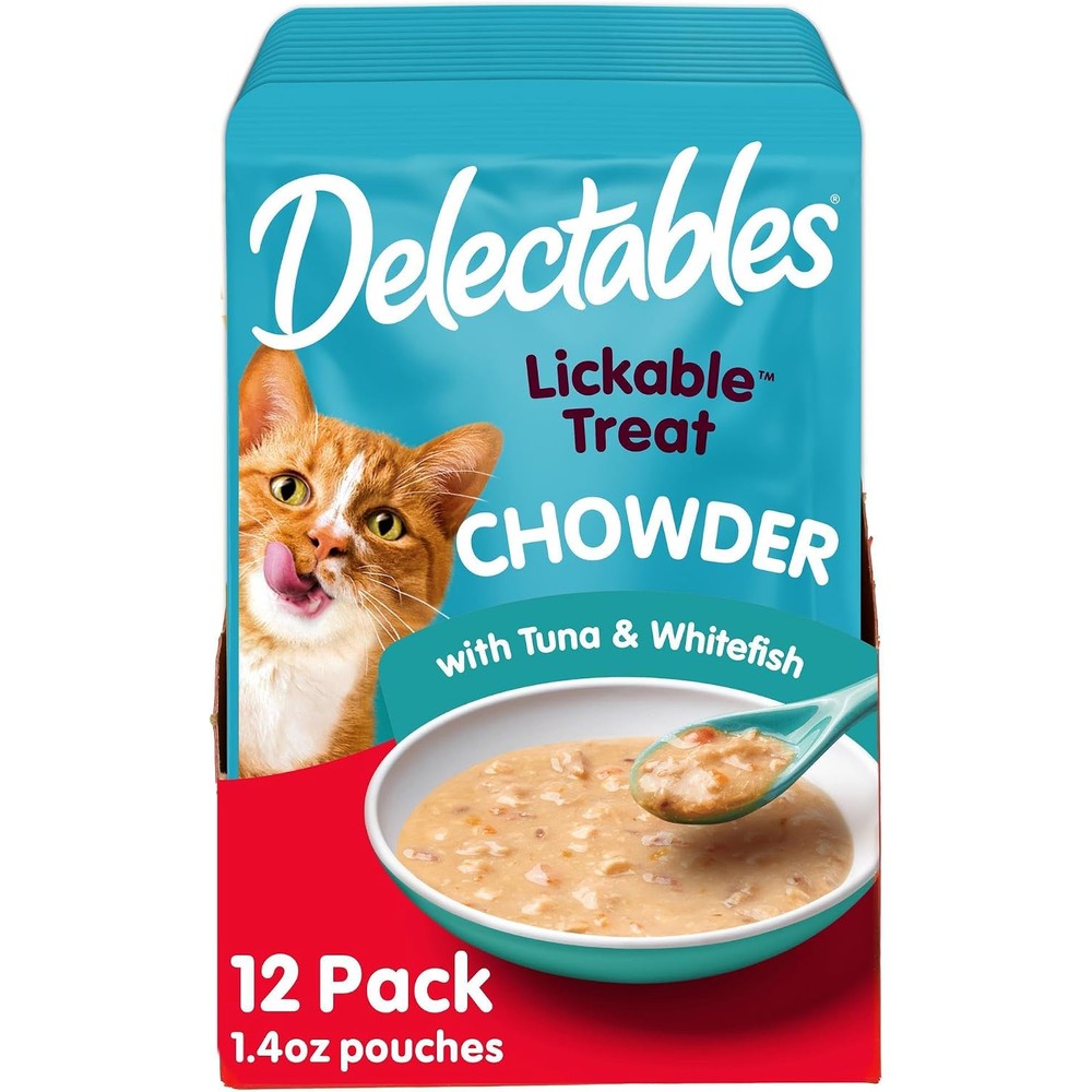 Delectables Chowder Lickable Wet Cat Treats With Real Tuna And Whitefish Hydrating Grain Free Food Topper One Point Four Ounce Twelve Pack
