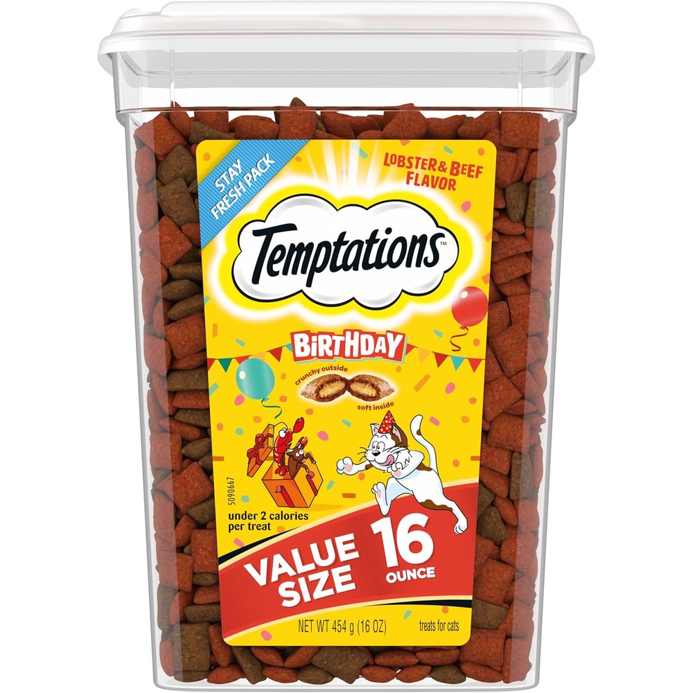 Temptations Birthday Crunchy And Soft Cat Treats Lobster And Beef Flavor Premium Dual Texture Treats For Adult Cats Sixteen Ounce Resealable Tub