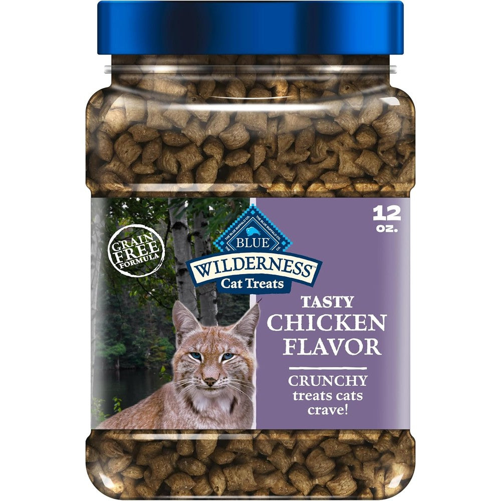 Blue Buffalo Wilderness crunchy cat treats front view of twelve ounce tub