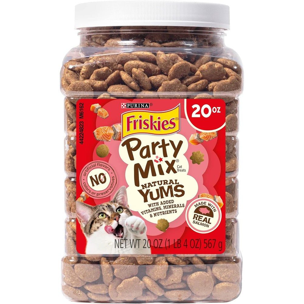 Purina Friskies Natural Cat Treats Party Mix Natural Yums With Real Salmon Crunchy Adult Cat Snacks With Vitamins and Minerals 20 Ounce Canister