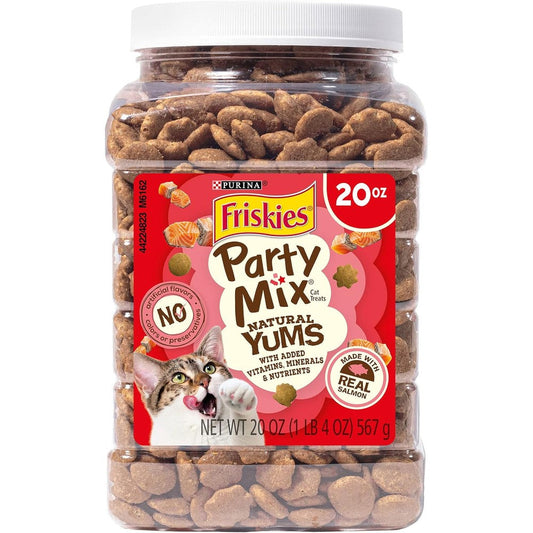 Purina Friskies Natural Cat Treats Party Mix Natural Yums With Real Salmon Crunchy Adult Cat Snacks With Vitamins and Minerals 20 Ounce Canister