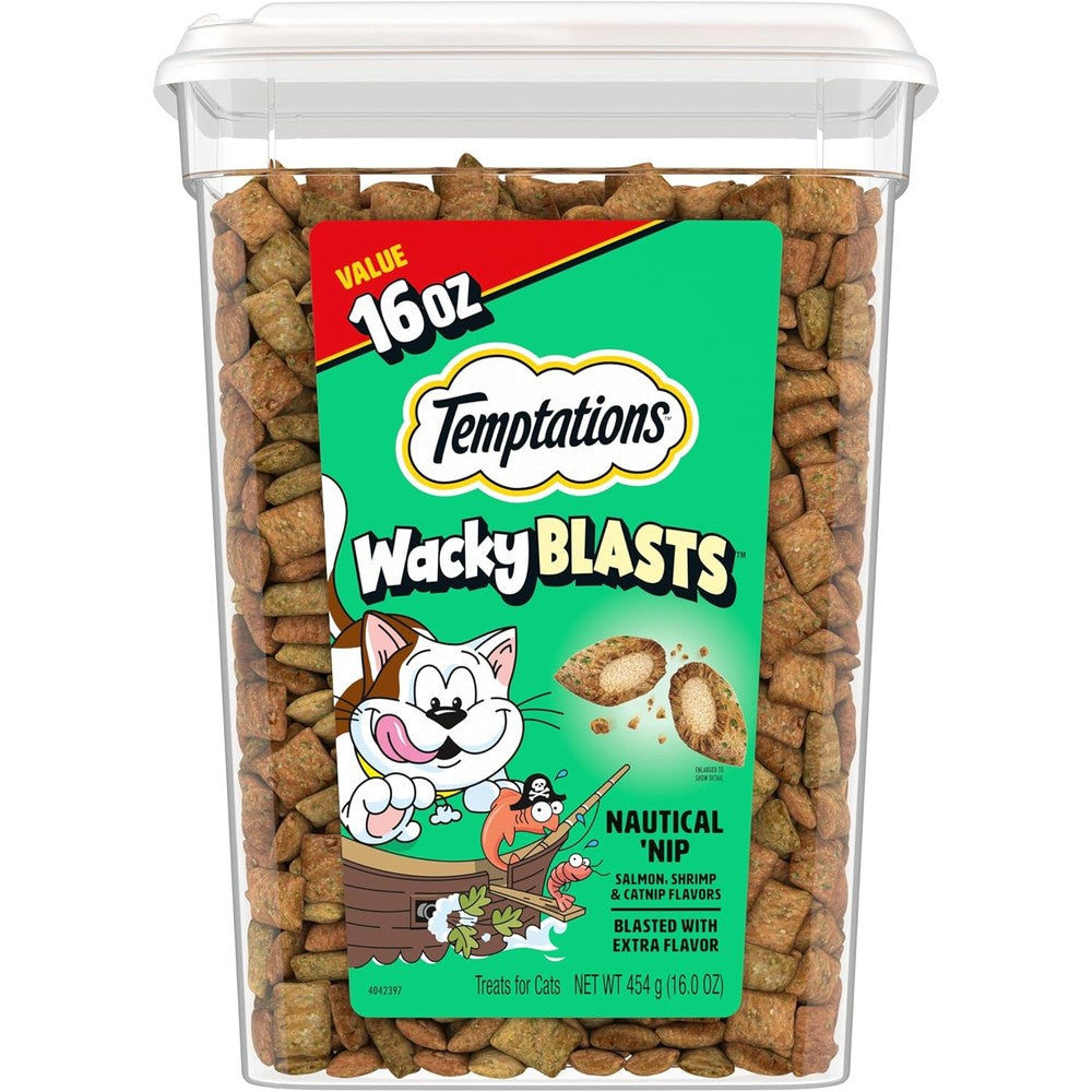 Temptations Wacky Blasts Crunchy And Soft Cat Treats Nautical Nip Salmon Shrimp And Catnip Flavor For Adult Cats Sixteen Ounce Tub