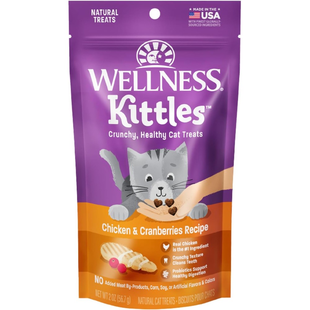Wellness cat treats front view packaging of chicken and cranberries two ounce bag