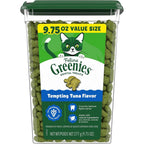 Greenies feline adult dental cat treats tempting tuna flavor tub front view