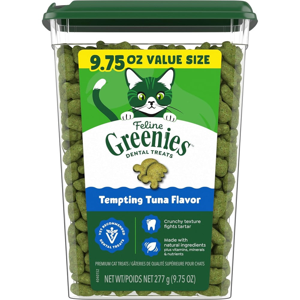 Greenies feline adult dental cat treats tempting tuna flavor tub front view