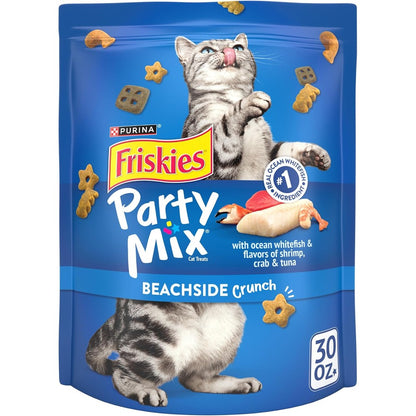 Purina Friskies Party Mix Beachside Crunch Crunchy Adult Cat Treats Seafood Flavors Ocean Whitefish Shrimp Crab And Tuna Thirty Ounce Pouch