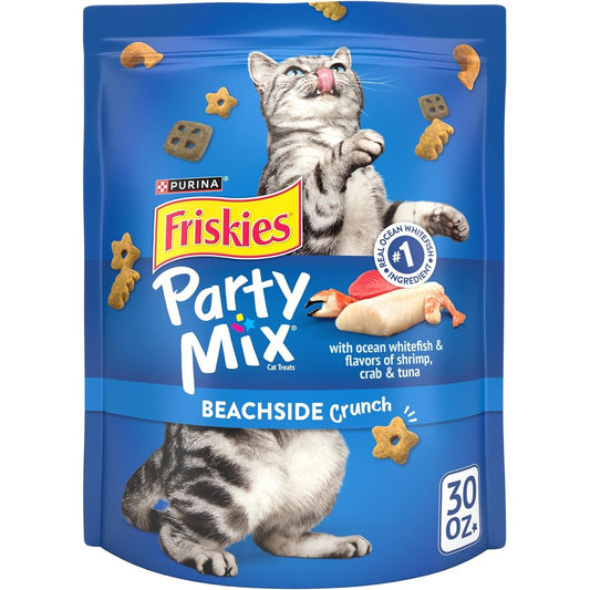 Purina Friskies Party Mix Beachside Crunch Crunchy Adult Cat Treats Seafood Flavors Ocean Whitefish Shrimp Crab And Tuna Thirty Ounce Pouch