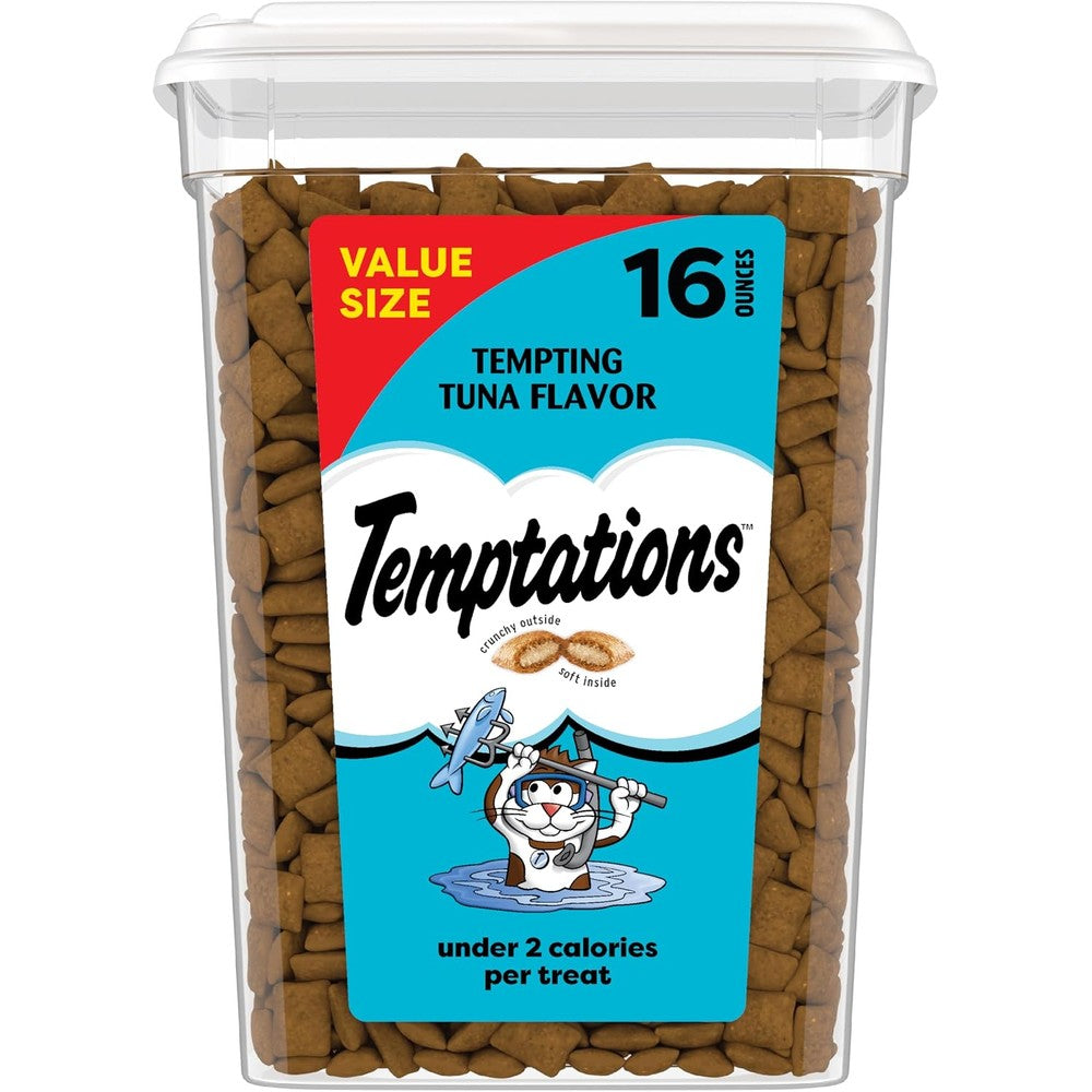 Temptations tuna cat treats tub front view packaging
