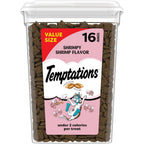 Temptations Classic Crunchy and Soft Shrimpy Shrimp Cat Treats front view of 16 ounce tub