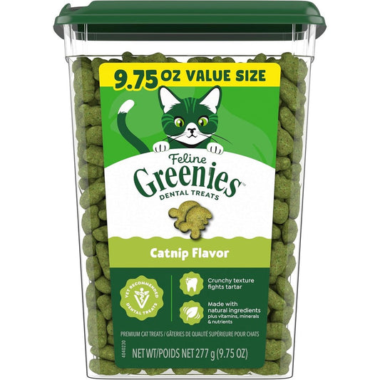 Greenies Feline Adult Natural Dental Cat Treats Catnip Flavor Veterinarian Recommended Formula Nine Point Seventy Five Ounce Tub