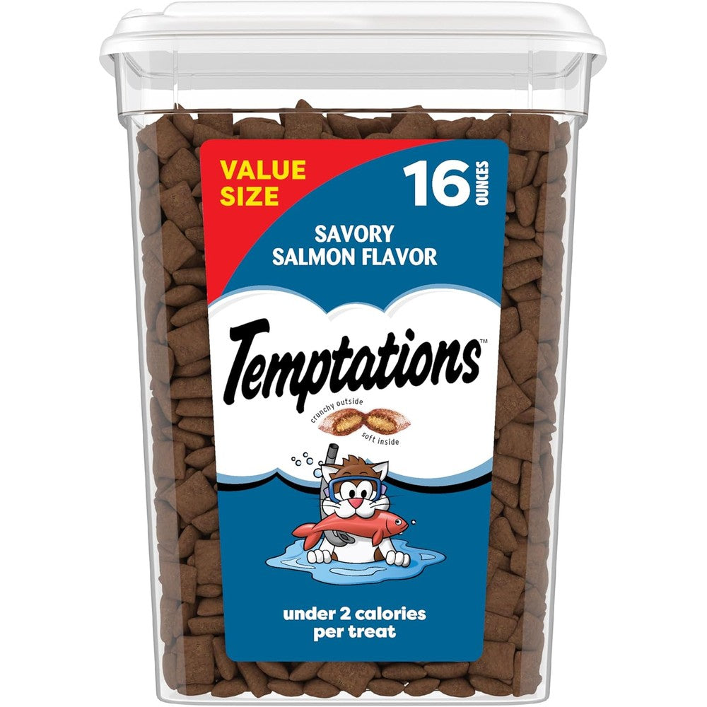 Temptations cat treats front view of sixteen ounce salmon tub