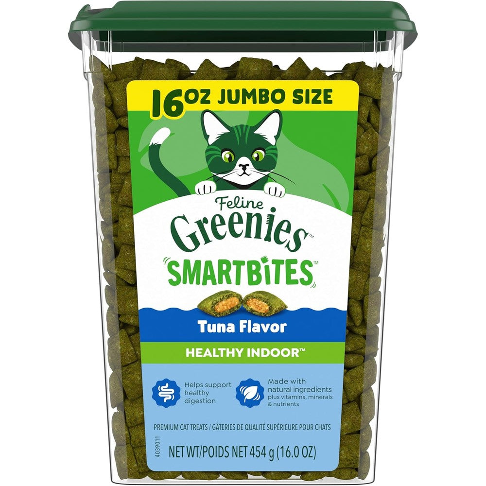 Greenies Feline Smartbites tuna cat treats front view tub