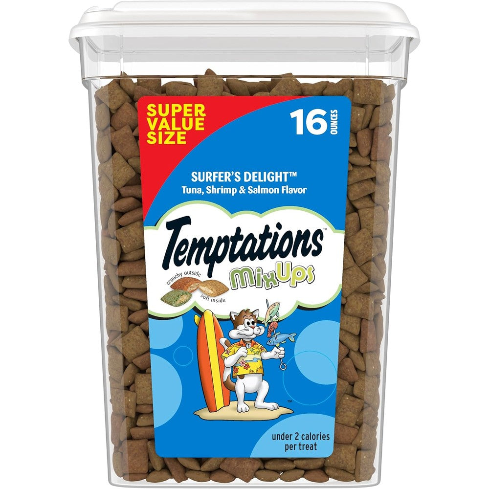 Temptations MixUps Surfers Delight cat treats front view of 16 Ounce tub