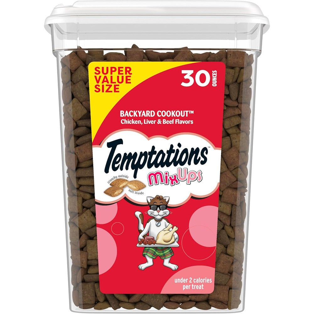 Temptations MixUps Backyard Cookout Flavor Crunchy And Soft Cat Treats For Indoor Cats Chicken Liver Beef Blend Super Value Size Thirty Ounce Tub