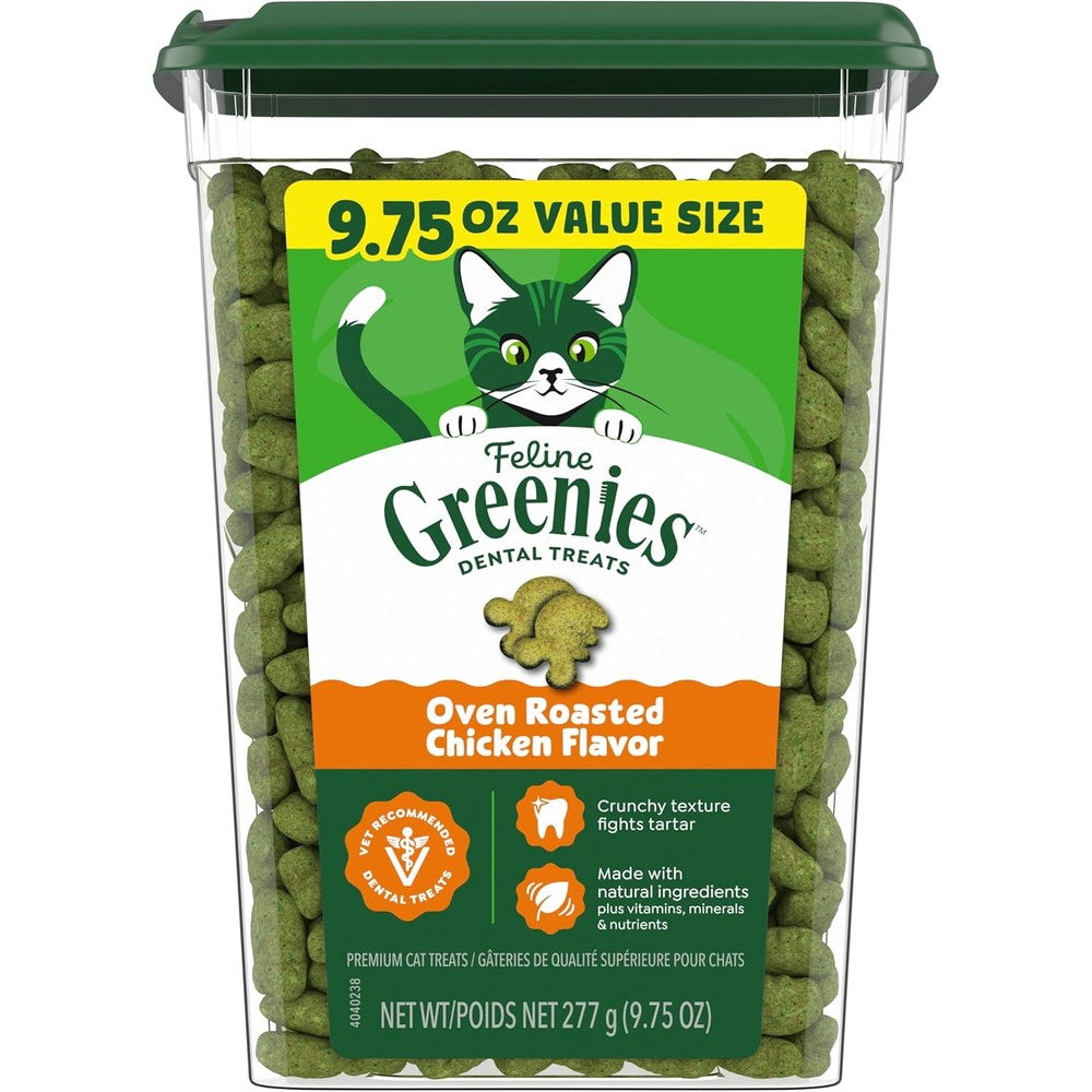 Feline Greenies Adult Dental Cat Treats Oven Roasted Chicken Flavor Natural Teeth Cleaning Veterinarian Recommended Nine Point Seven Five Ounce Tub