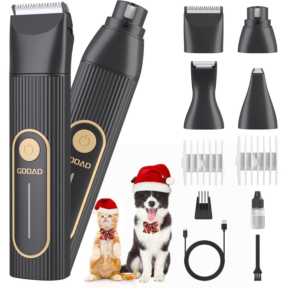 Gooad pet grooming kit front view featuring cordless clippers and multiple attachment heads for cat hair trimming