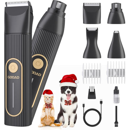 Gooad pet grooming kit front view featuring cordless clippers and multiple attachment heads for cat hair trimming