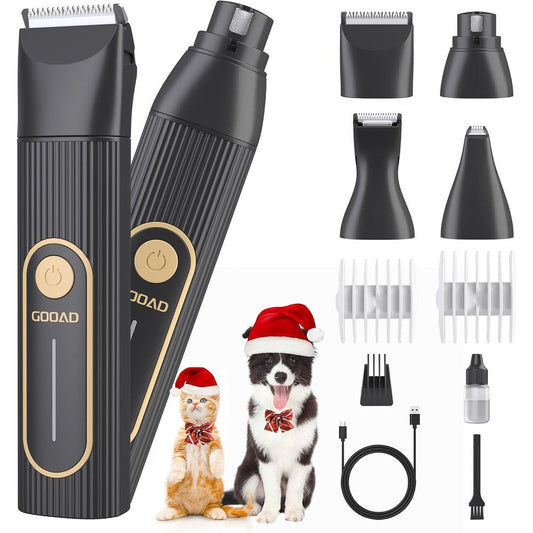 Gooad pet grooming kit front view featuring cordless clippers and multiple attachment heads for cat hair trimming