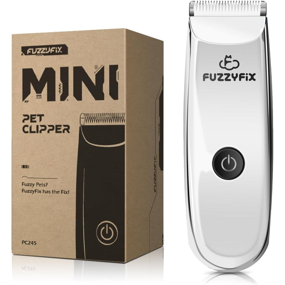 FuzzyFix mini pet grooming clippers front view of cordless white pet hair trimmer kit.