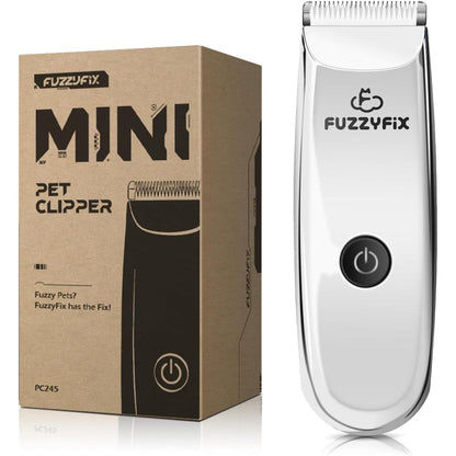 FuzzyFix mini pet grooming clippers front view of cordless white pet hair trimmer kit.
