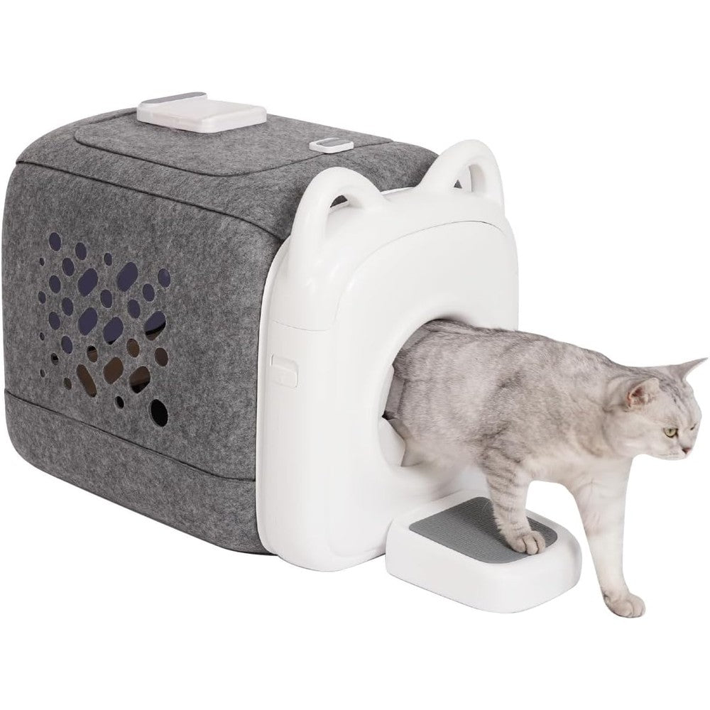 PawSwing AutoComb automatic cat groomer front view showing white bionic tongue brush station