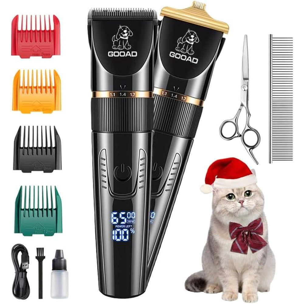 Gooad professional cat grooming kit front view showing cordless trimmer and digital screen.