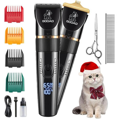 Gooad professional cat grooming kit front view showing cordless trimmer and digital screen.