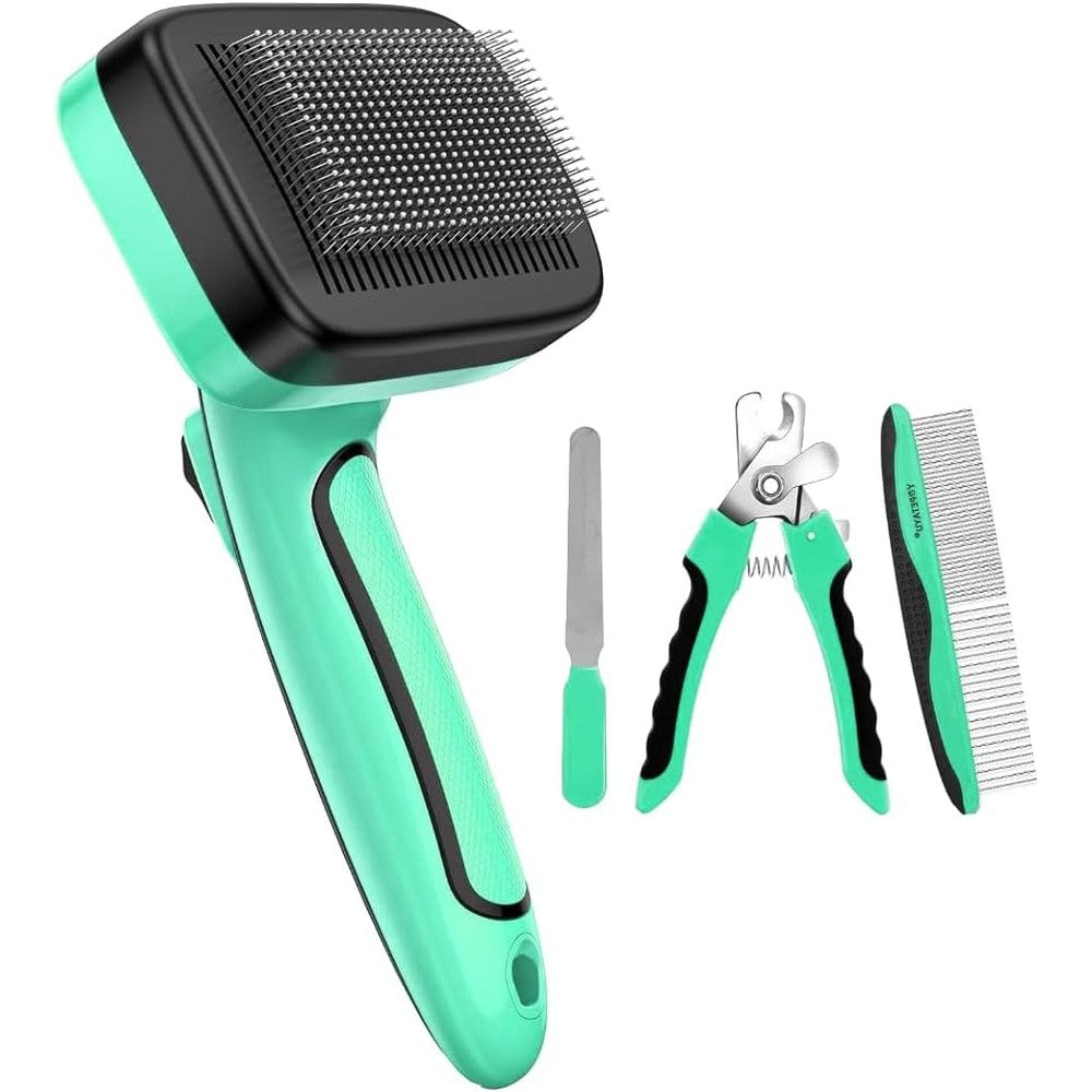 ReadyHouse 4-in-1 pet grooming kit front view featuring deshedding brush and nail clippers for cats and dogs.