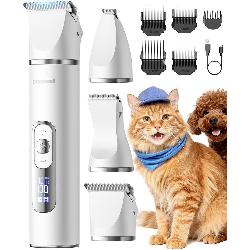Oneisall quiet cat clippers front view showing white ergonomic body and digital LCD display screen.